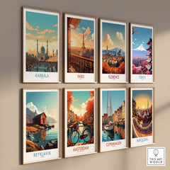 Gallery of modern travel posters featuring Karbala, Paris, Florence, Tokyo, Reykjavik, Amsterdam, Copenhagen, and Barcelona.