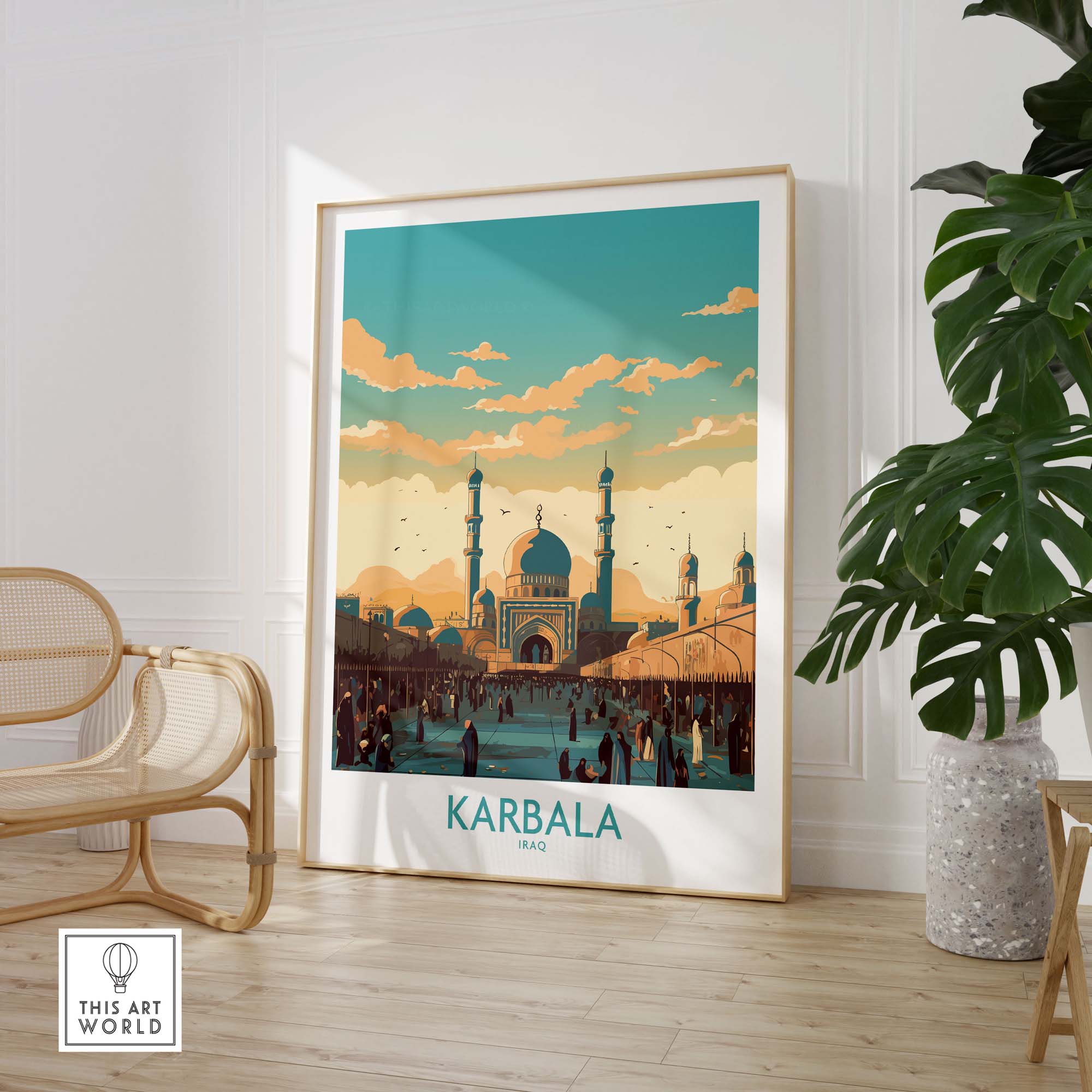 Karbala wall art poster print showcasing vibrant cityscape and blue mosque, ideal for home décor.