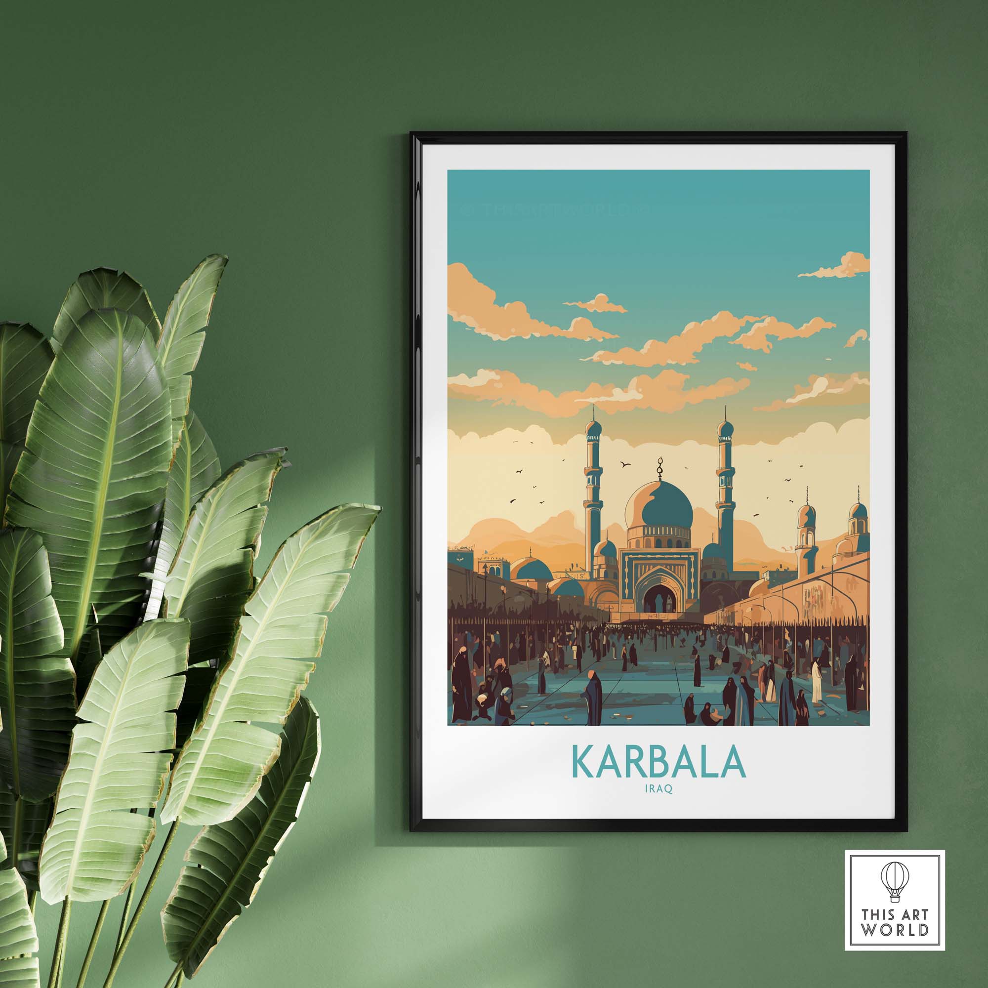 Karbala wall art print showcasing the vibrant cityscape of Karbala, Iraq, against a teal and orange sky.