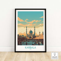Karbala travel poster print featuring a vibrant cityscape of Iraq, perfect for modern home décor.