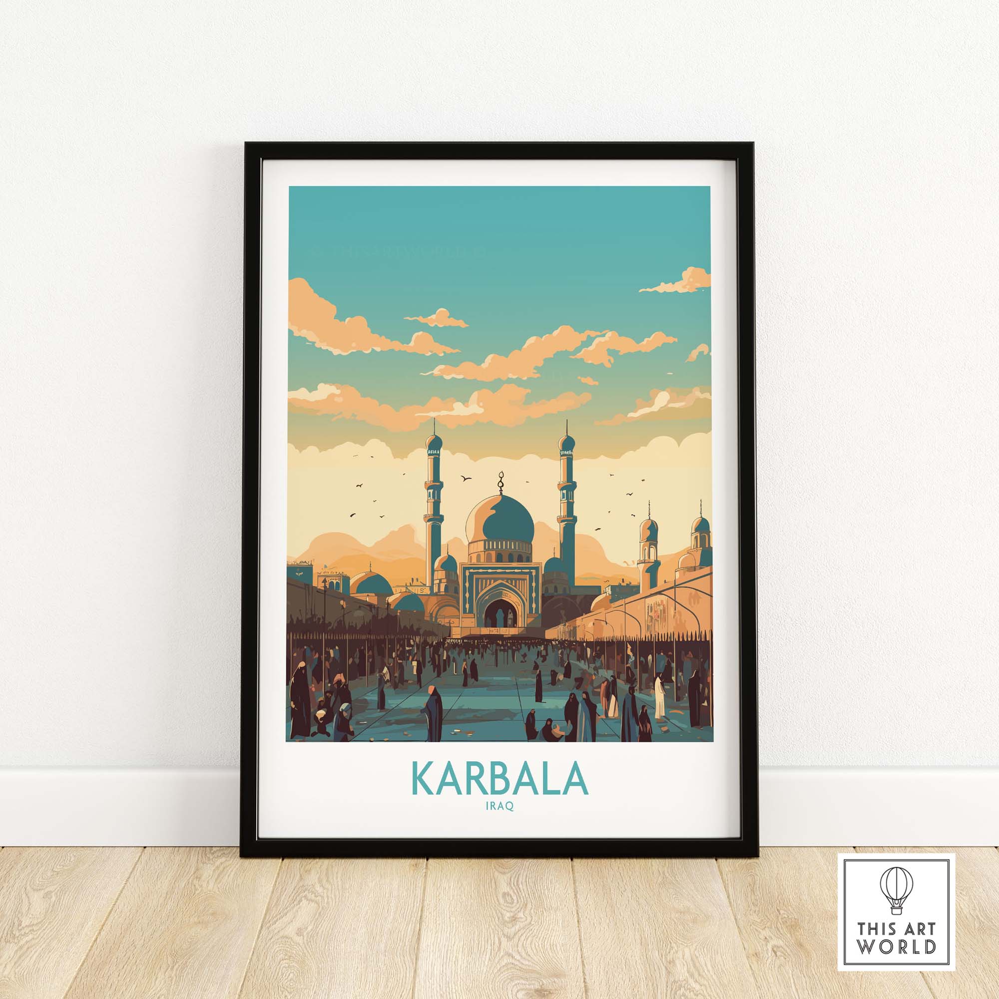 Karbala travel poster print featuring a vibrant cityscape of Iraq, perfect for modern home décor.