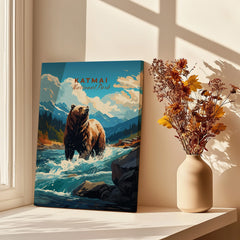 Katmai National Park bear wall art print on windowsill with vase of dried flowers