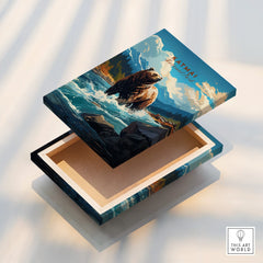 Floating canvas print featuring a brown bear in a river, Katmai National Park wall art.