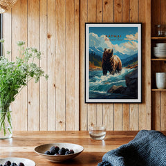 Framed Katmai National Park bear art print on wood wall in cozy kitchen setting