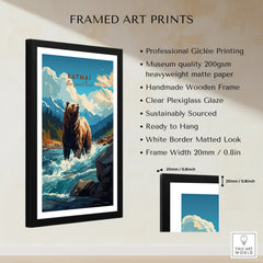 Framed Katmai National Park art print with bear, mountain landscape, and product details