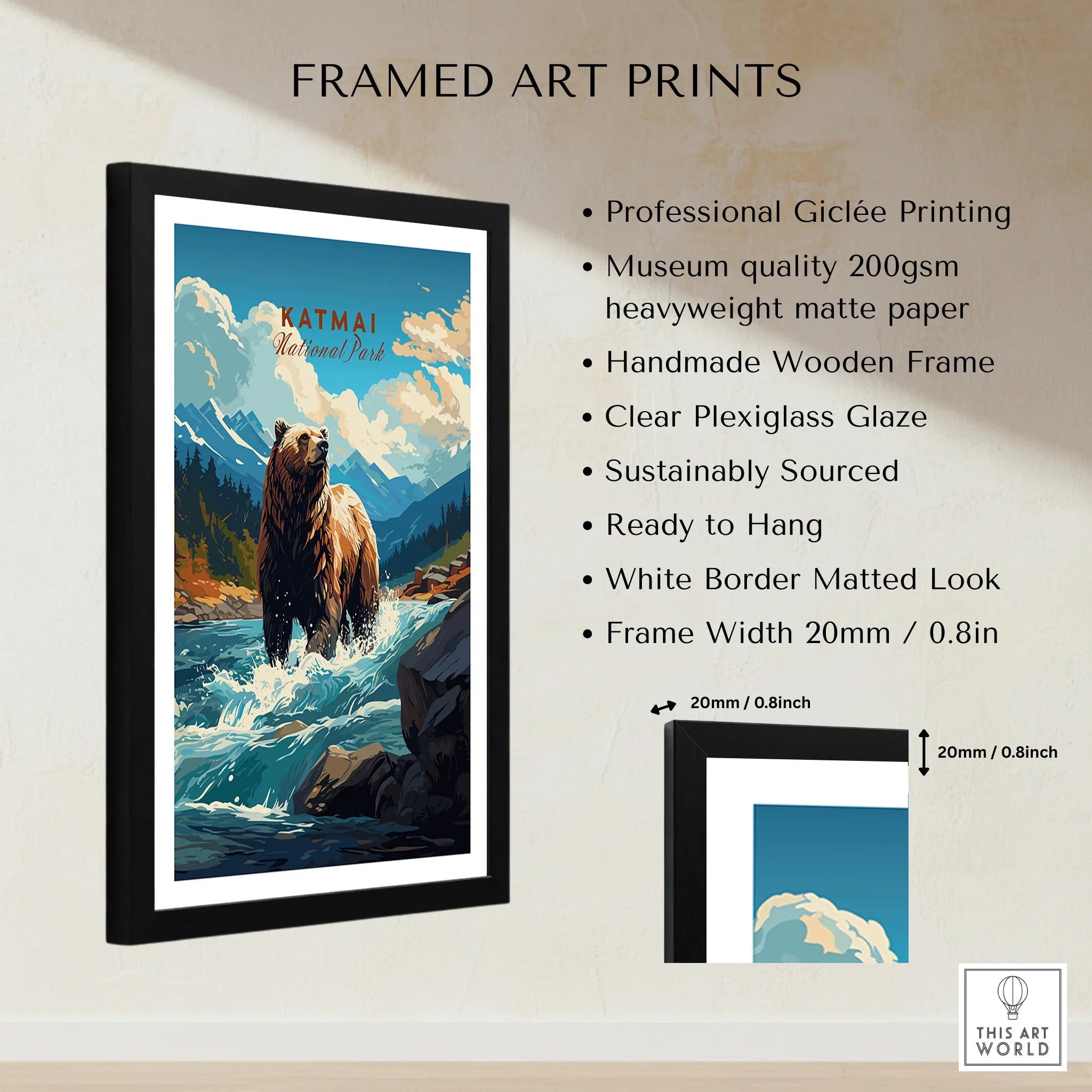 Framed Katmai National Park art print with bear, mountain landscape, and product details