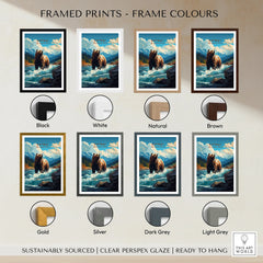 Katmai National Park bear art print with mountain landscape in eight frame color options