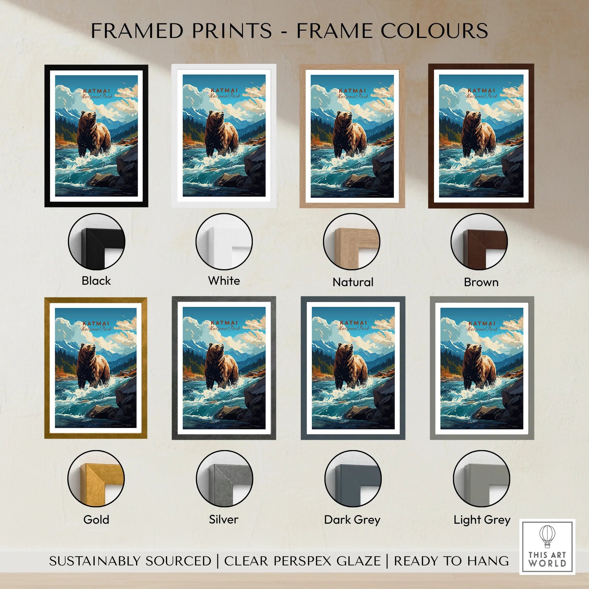 Katmai National Park bear art print with mountain landscape in eight frame color options