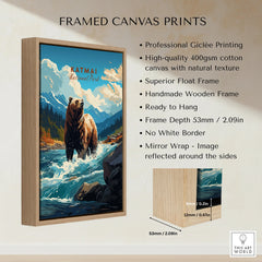 Framed canvas print of Katmai National Park featuring a bear in a river, wooden float frame.