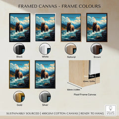 Katmai National Park bear wall art print with six frame color options, mountain and river scene.