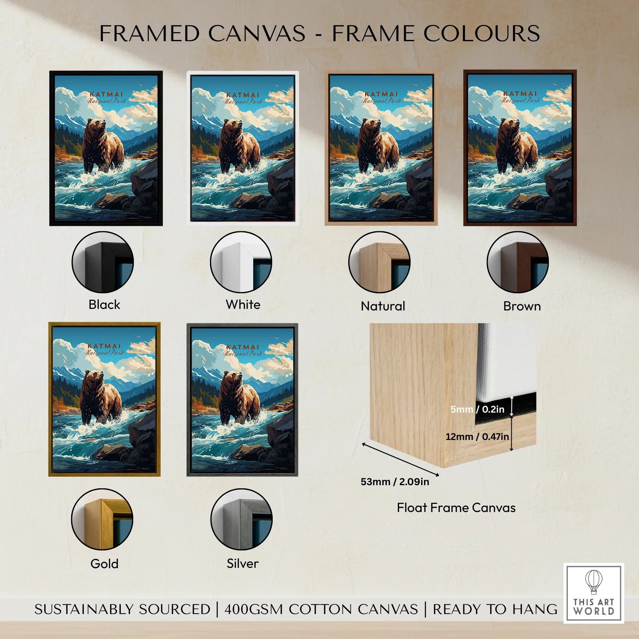 Katmai National Park bear wall art print with six frame color options, mountain and river scene.