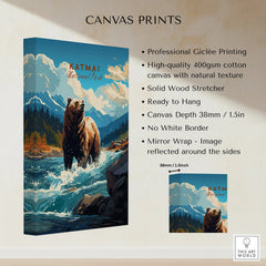Katmai National Park canvas print featuring a bear in river, mountain landscape, wall art