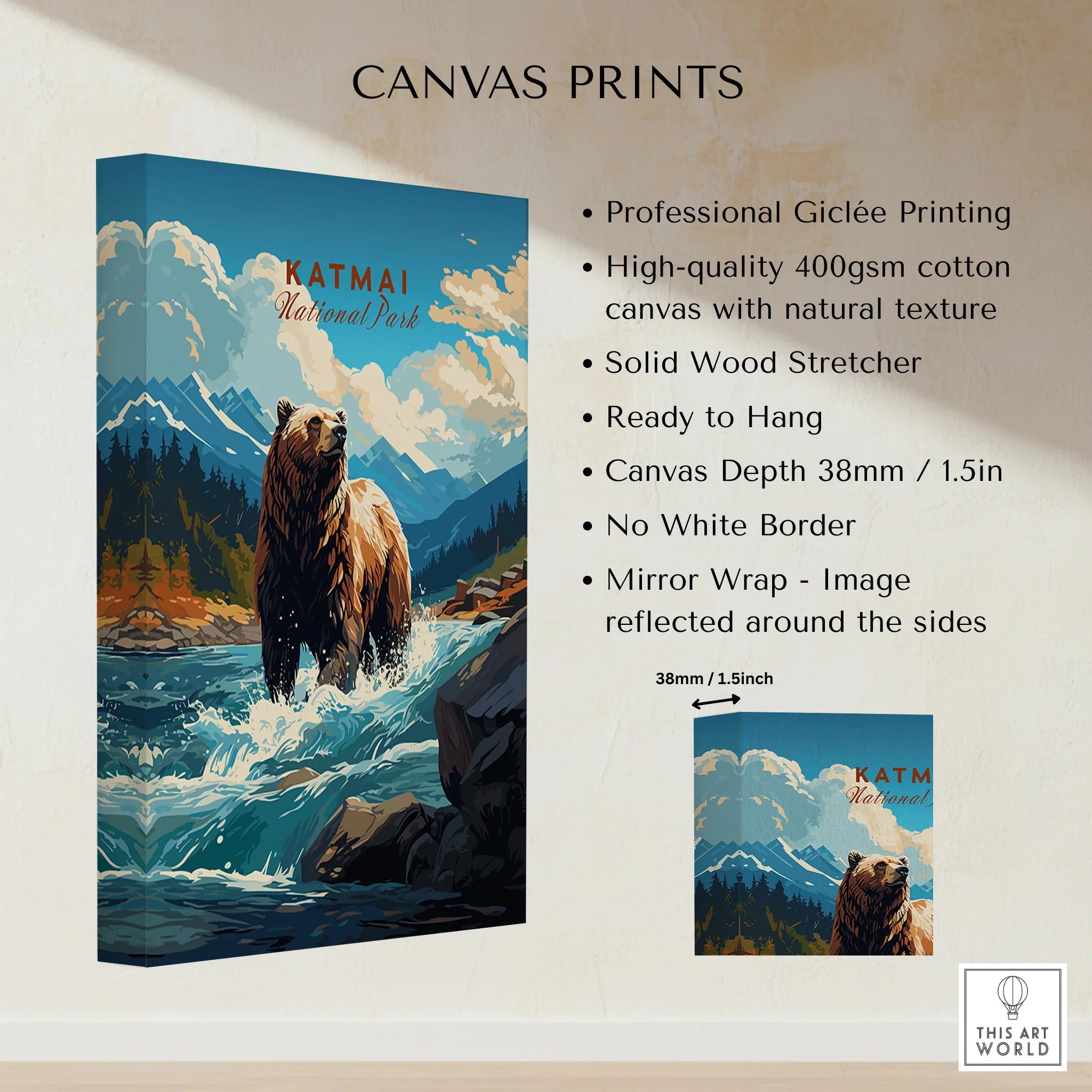 Katmai National Park canvas print featuring a bear in river, mountain landscape, wall art