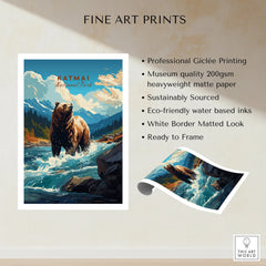 Katmai National Park bear art print with mountains and river, fine art unframed poster
