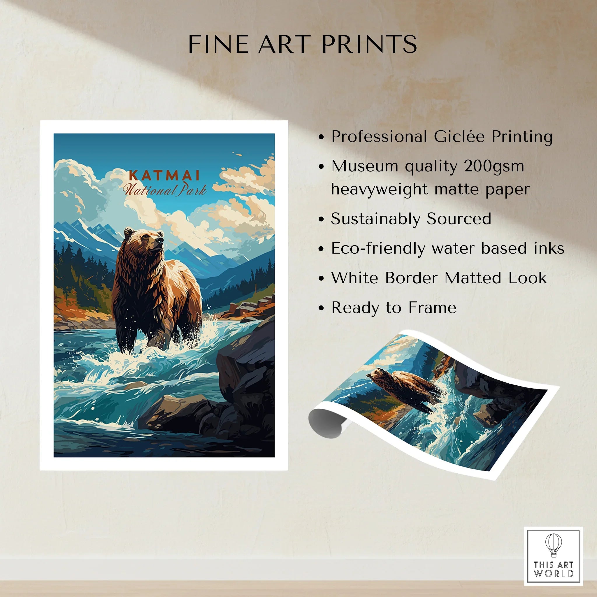 Katmai National Park bear art print with mountains and river, fine art unframed poster