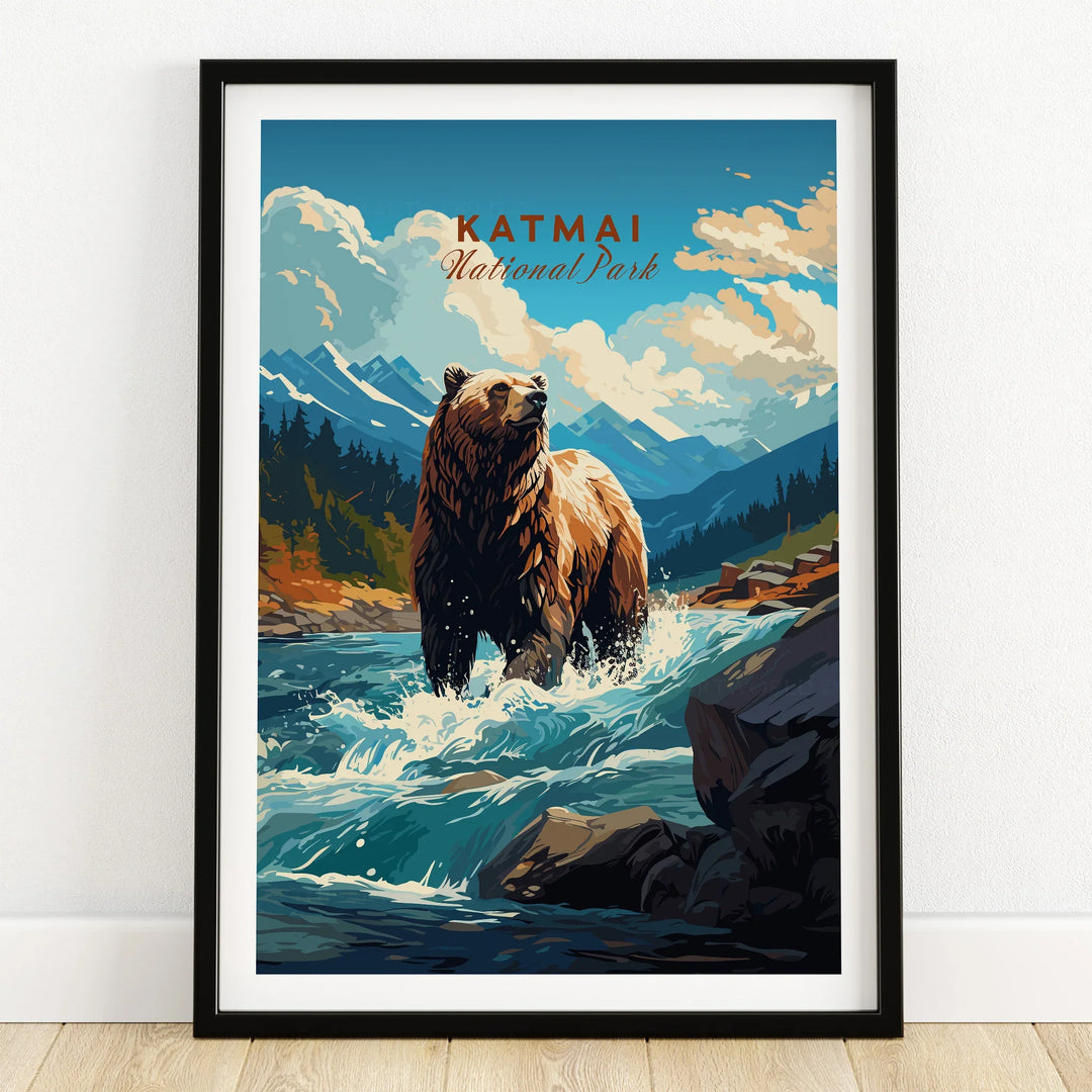 Katmai National Park art print with a bear in river, black frame, wooden floor, nature wall art