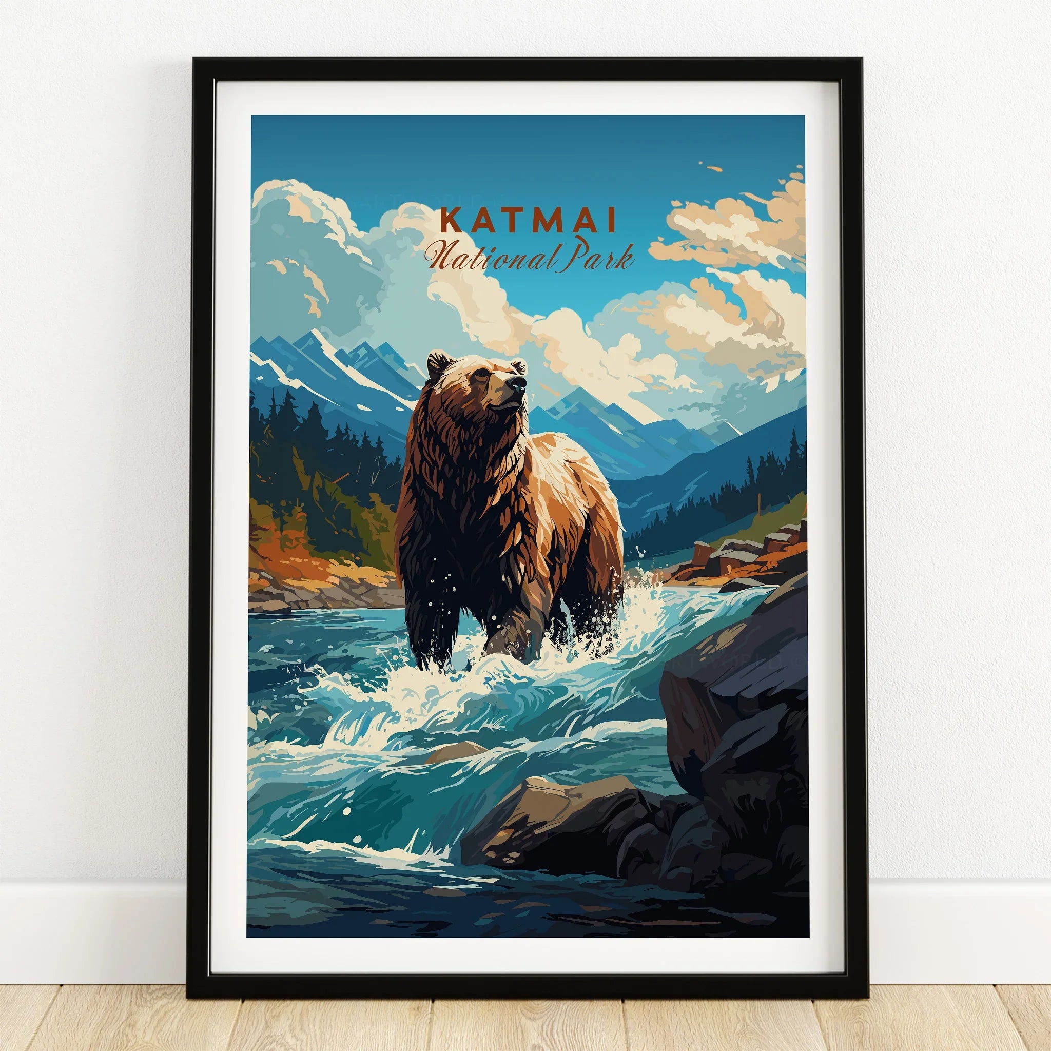 Katmai National Park art print with a bear in river, black frame, wooden floor, nature wall art