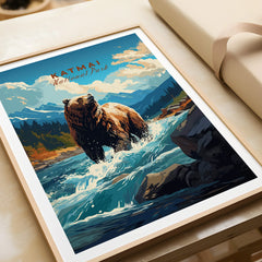 Framed Katmai National Park art print with bear in river, unwrapped, nature wall decor