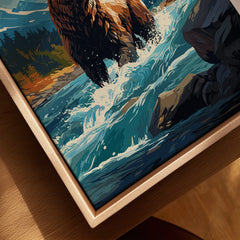 Closeup of framed canvas art featuring a bear in rushing river, wall art decor