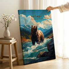 Katmai National Park bear canvas print in modern room, mountain landscape wall art decor