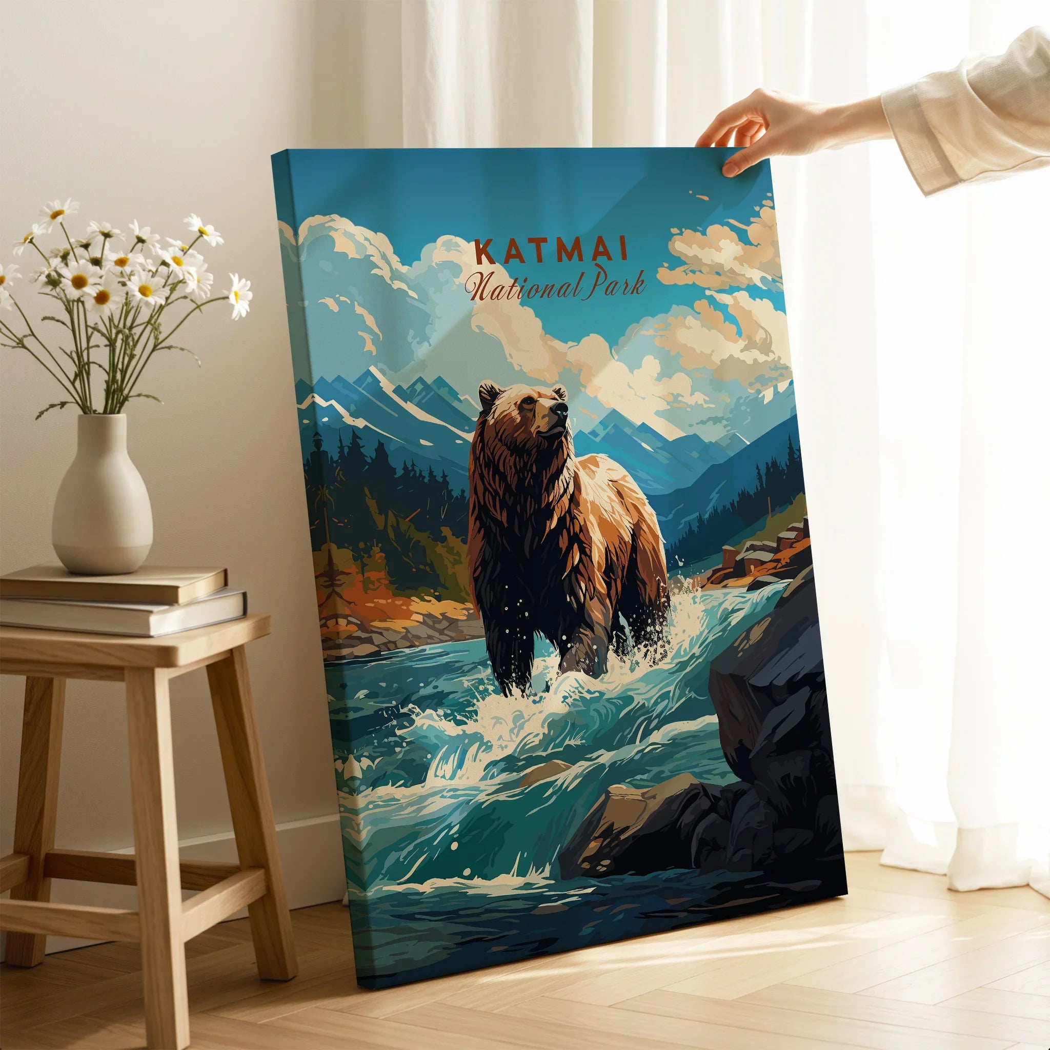 Katmai National Park bear canvas print in modern room, mountain landscape wall art decor