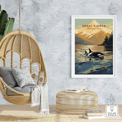 Kenai Fjords National Park poster featuring orcas swimming near Alaska's coastal mountains in a stylish home setting.