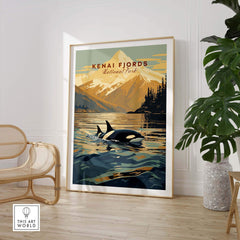 Kenai Fjords National Park poster featuring orcas swimming in Alaskan waters, perfect for nature lovers' decor.