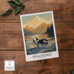 Kenai Fjords National Park print featuring orcas swimming in an Alaskan sunset, a perfect nature-inspired gift.
