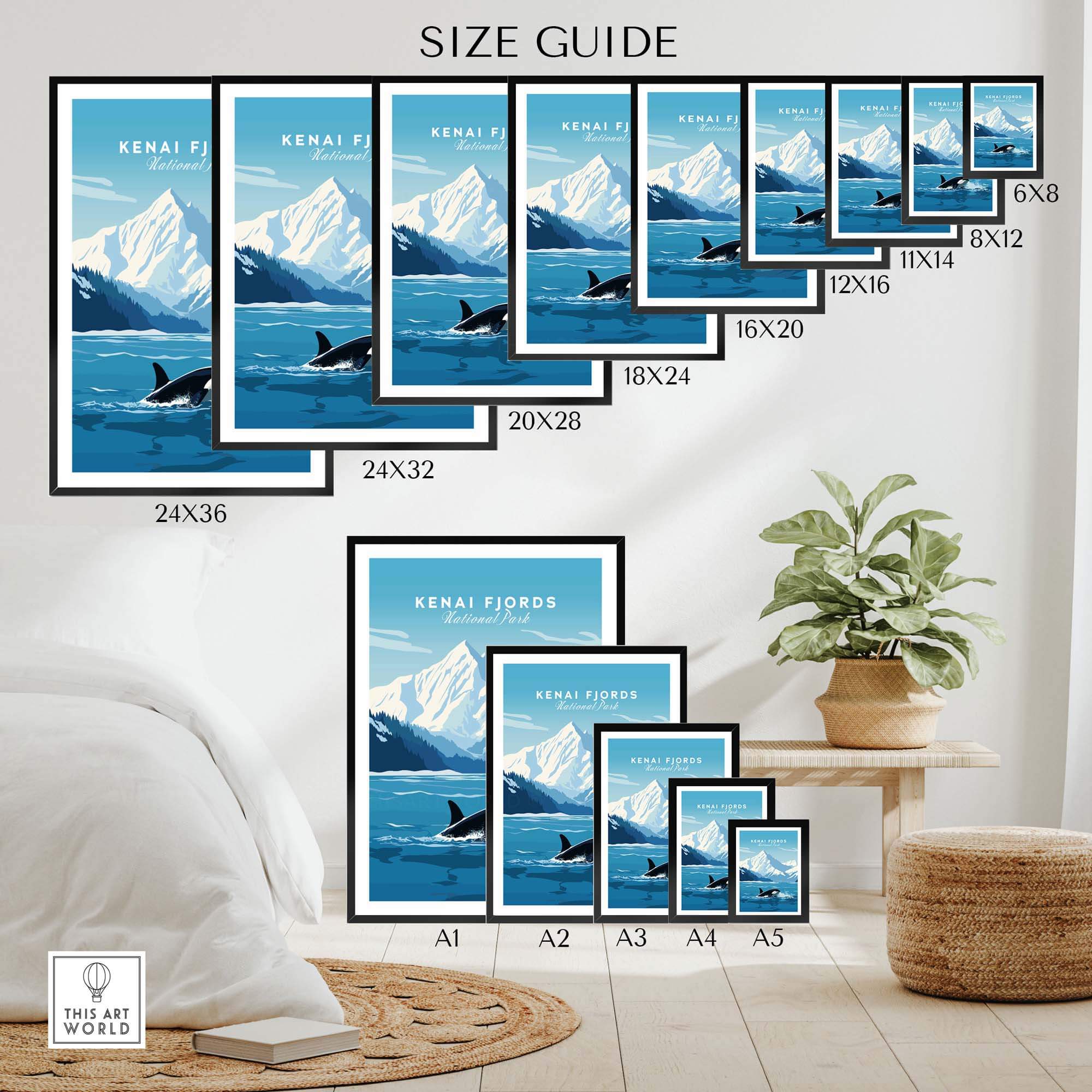 Kenai Fjords Poster size guide showcasing various frame sizes in a stylish interior setting.