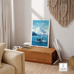 Kenai Fjords Poster featuring a killer whale and mountains, perfect for nature lovers' home decor.