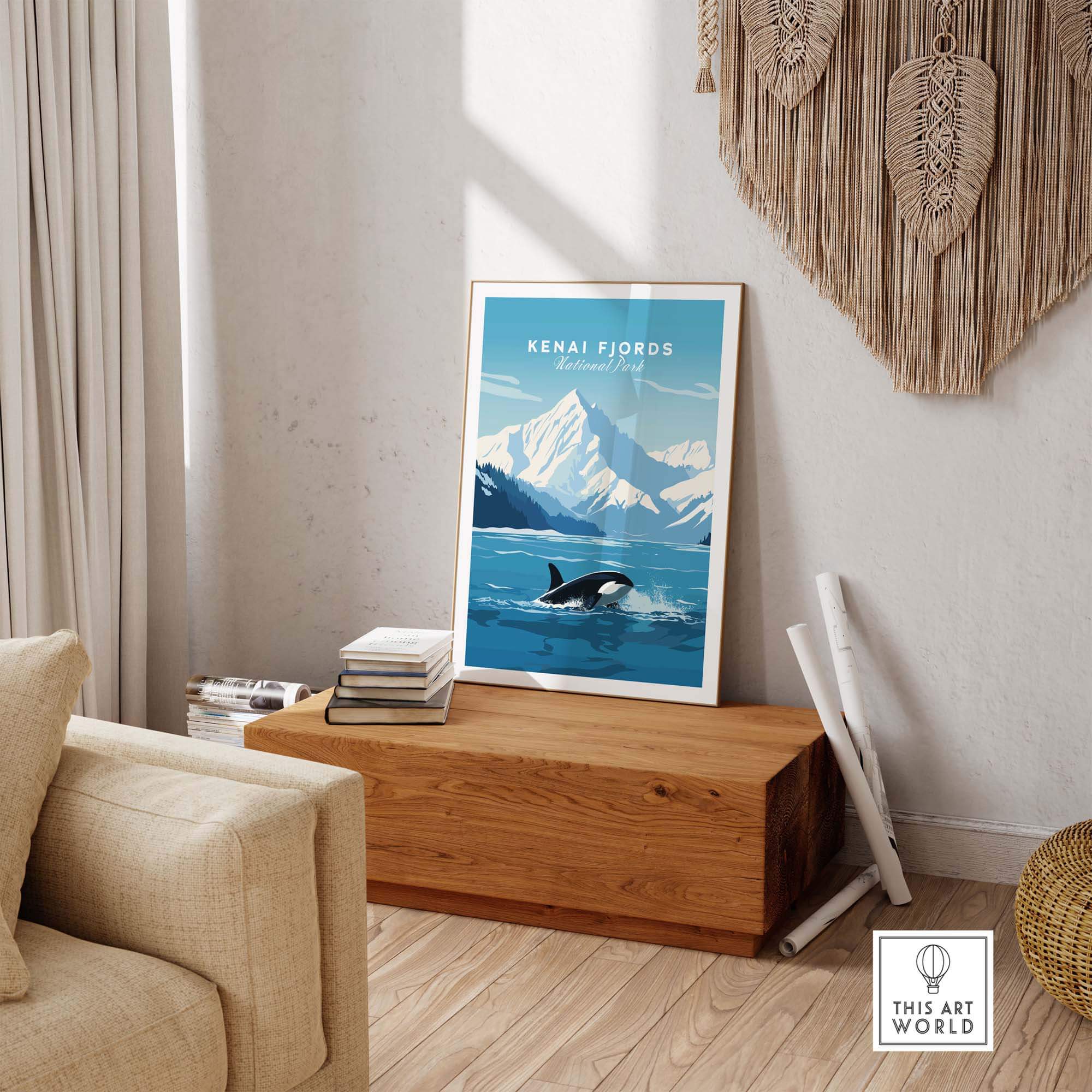 Kenai Fjords Poster featuring a killer whale and mountains, perfect for nature lovers' home decor.