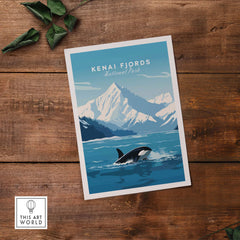 Kenai Fjords National Park poster featuring a killer whale with mountains and ocean backdrop, perfect for nature lovers.