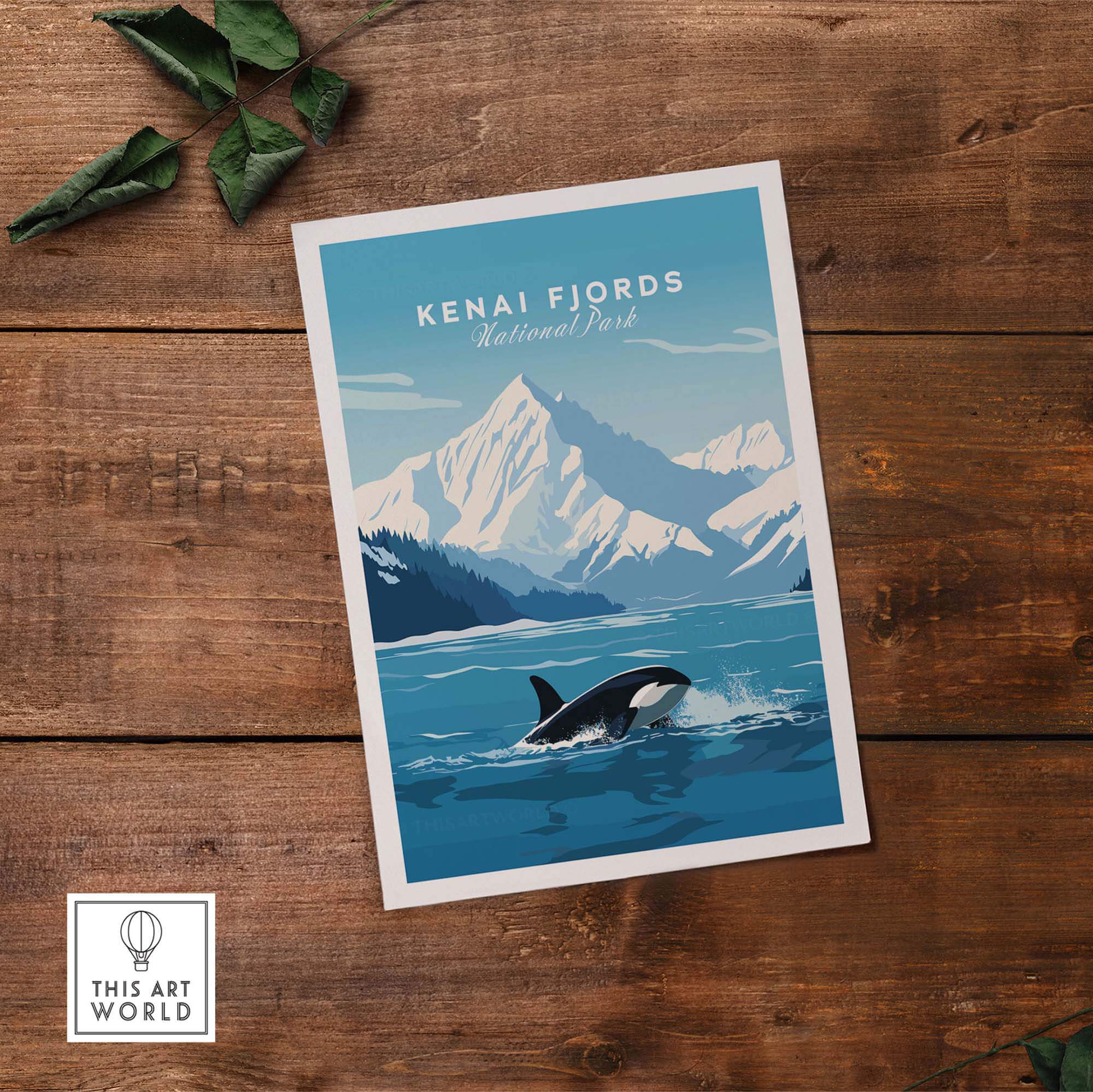 Kenai Fjords National Park poster featuring a killer whale with mountains and ocean backdrop, perfect for nature lovers.