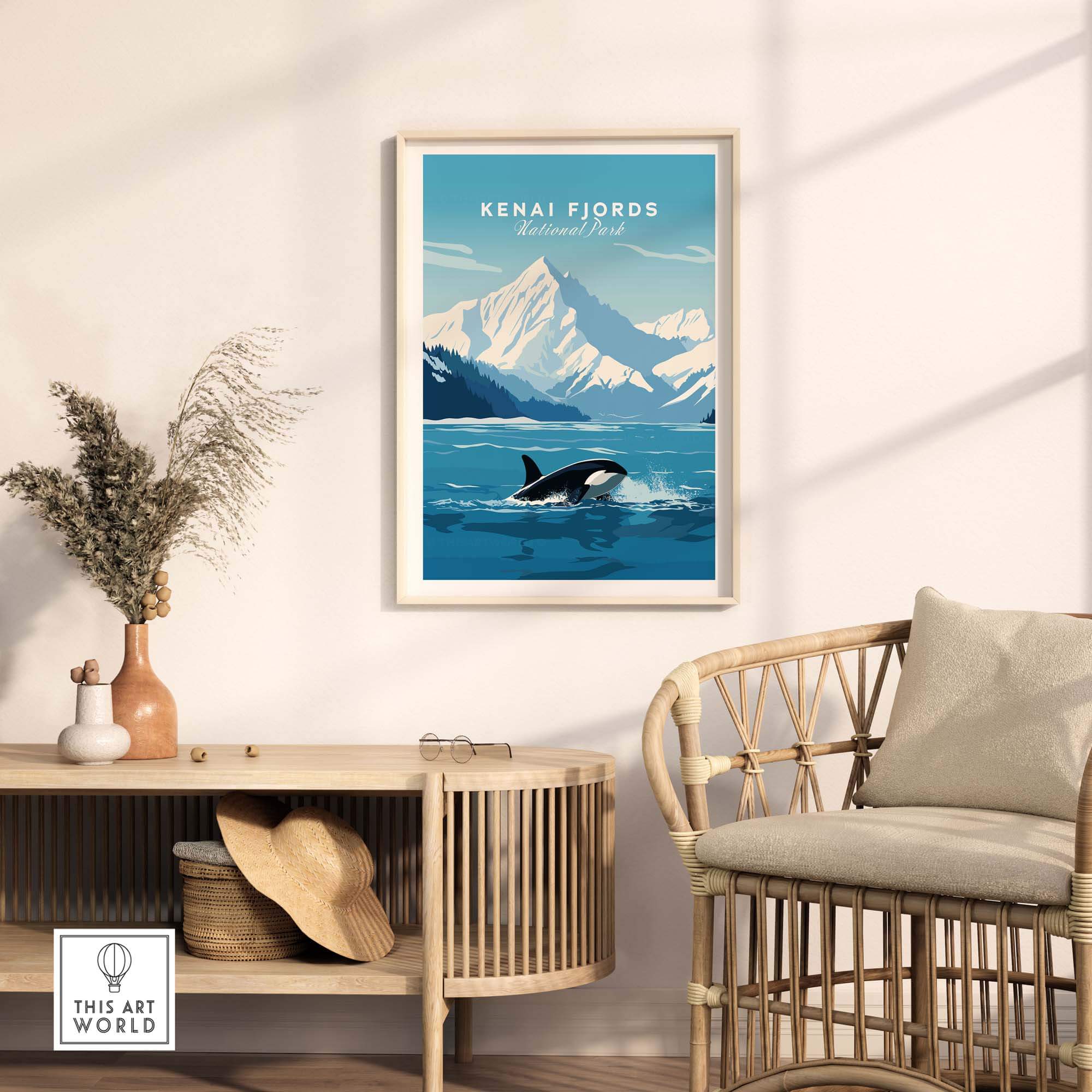 Kenai Fjords Poster featuring a killer whale and mountains, beautifully displayed in a modern living room setting.