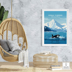 Kenai Fjords Poster showcasing a killer whale in a scenic landscape, perfect for nature lovers' home decor.