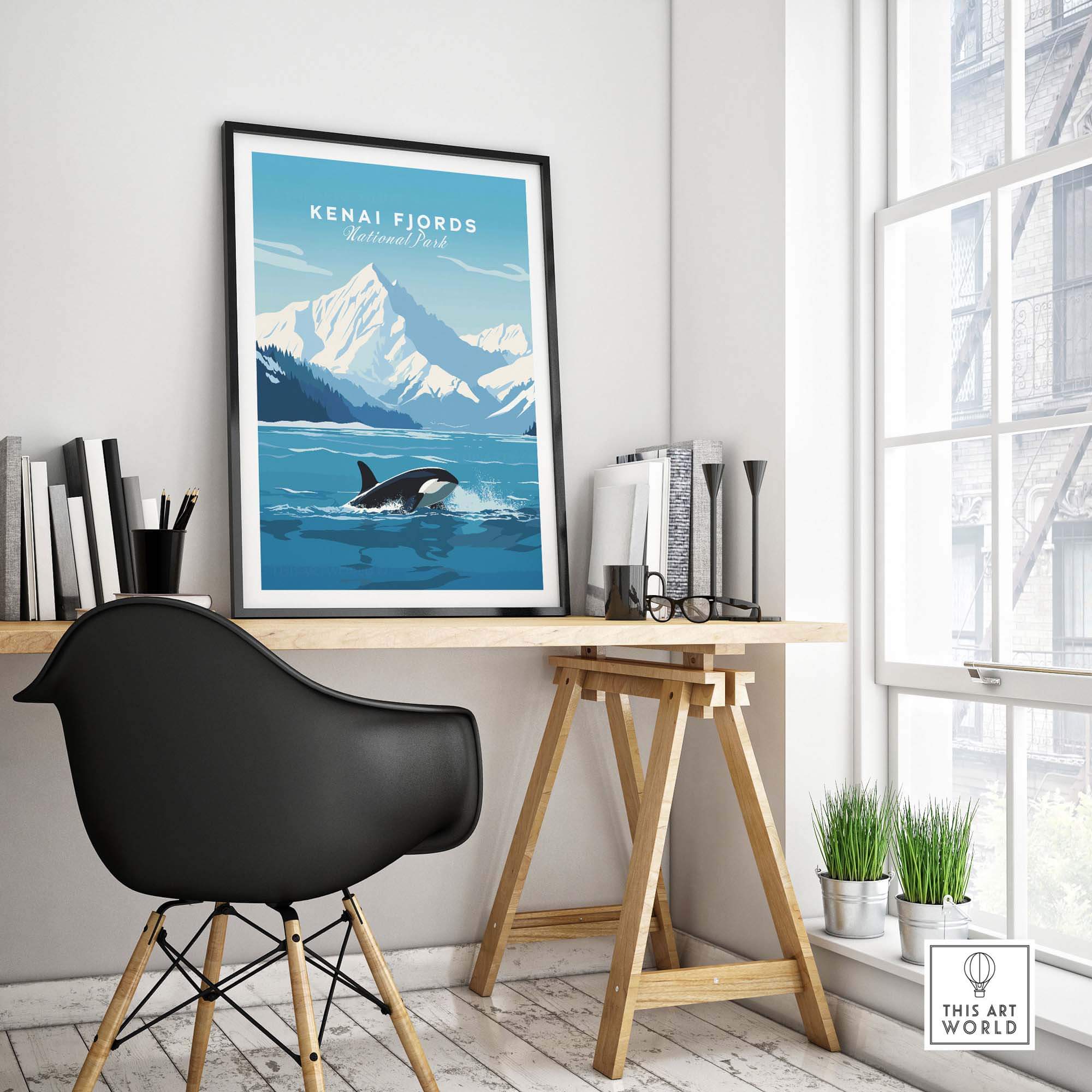 Kenai Fjords poster featuring a killer whale, displayed in a stylish office setting with modern decor.