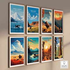 Collection of framed national park posters featuring Kenai Fjords, Badlands, and more, showcasing nature's beauty and wildlife.