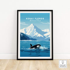 Kenai Fjords poster featuring a killer whale swimming in front of mountains, ideal for nature lovers and home decoration.