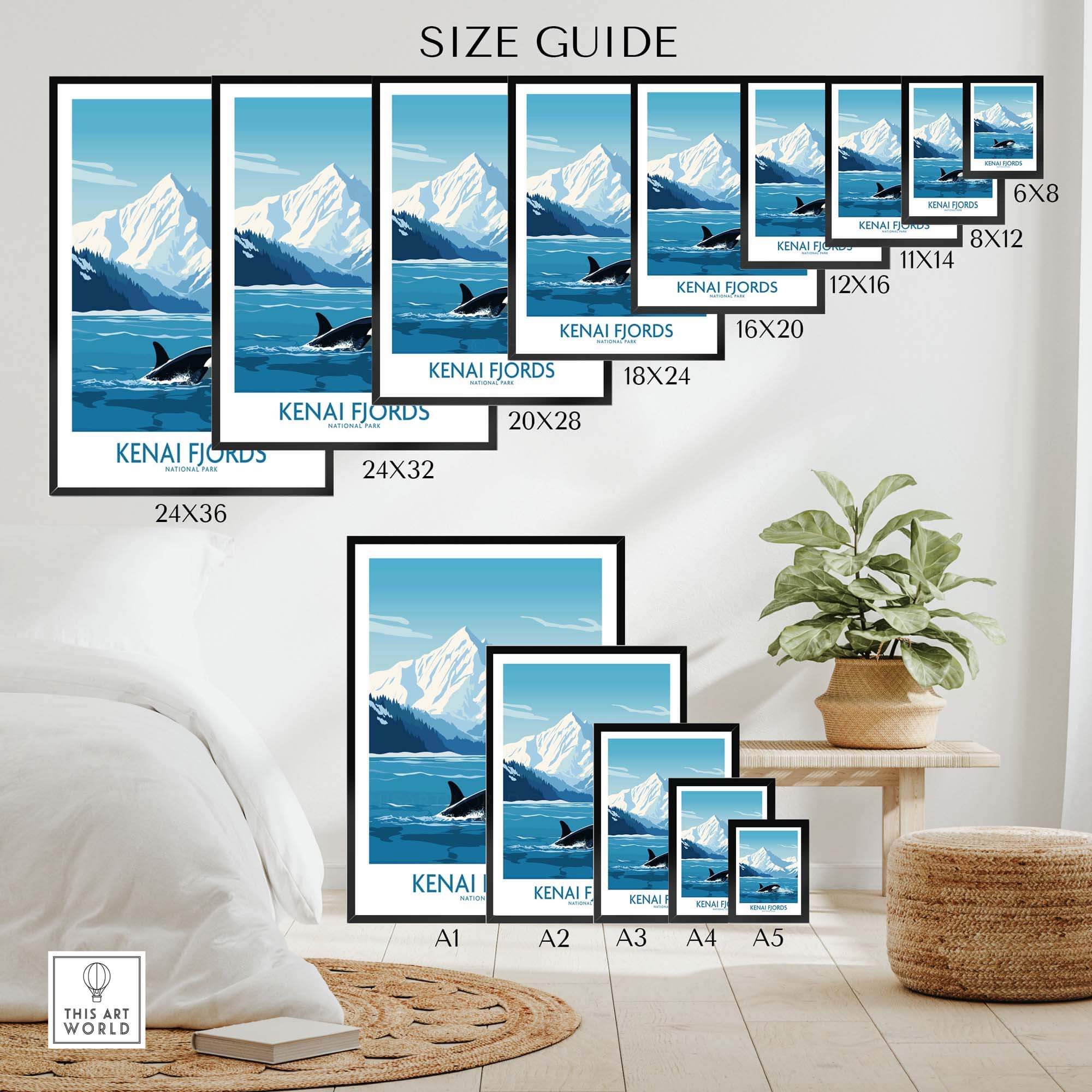 Size guide for Kenai Fjords Print featuring various frame sizes in a modern interior setting, showcasing Alaska's beauty.