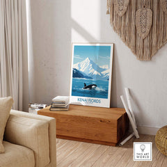 Kenai Fjords Print showcasing a whale in front of mountainous landscapes, perfect for nature lovers and Alaska enthusiasts.