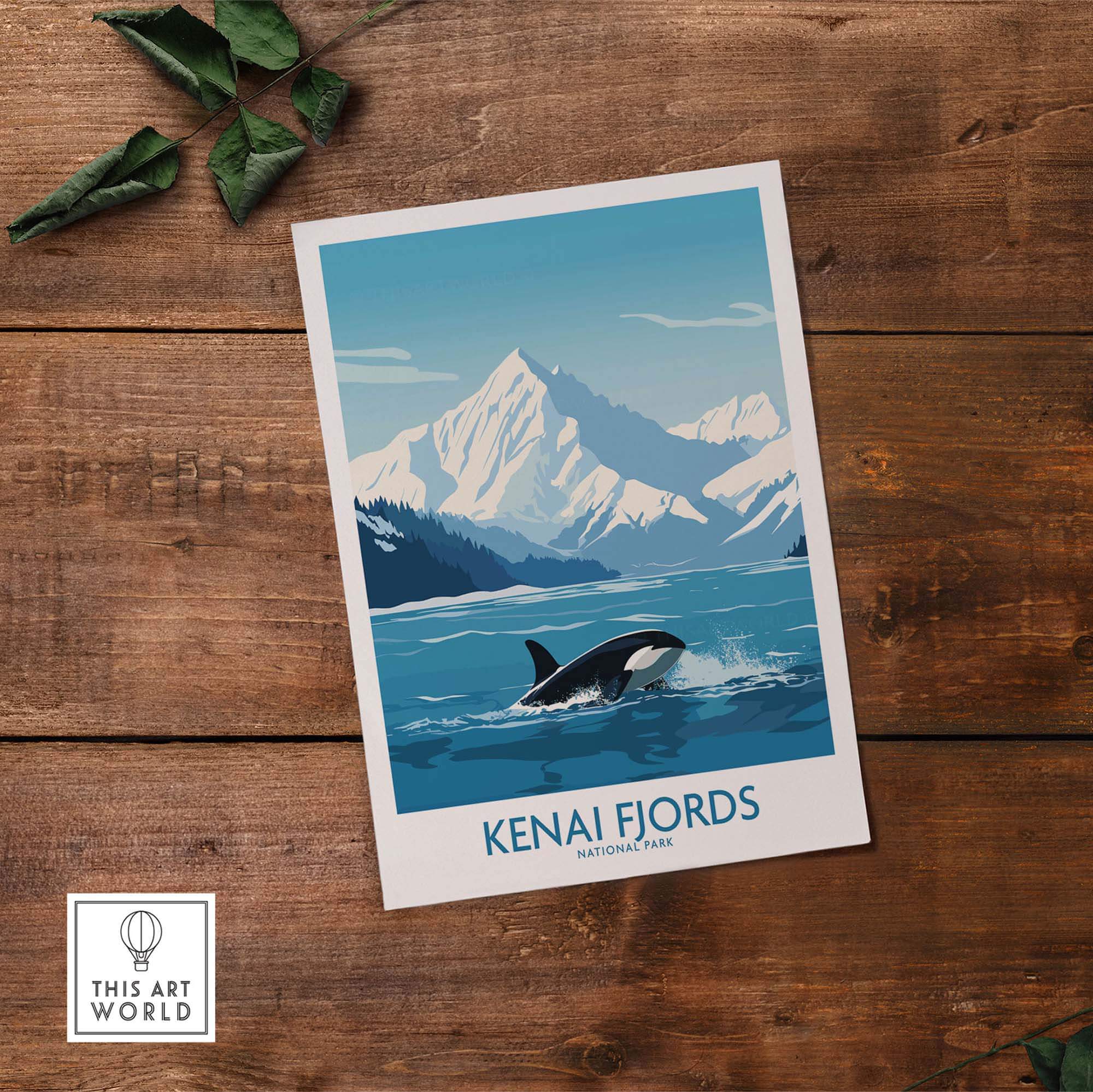 Kenai Fjords National Park print featuring an orca whale and stunning mountain scenery, perfect for nature lovers and decor.