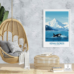 Kenai Fjords Print featuring mountain scenery and orca, displayed in a modern home with a hanging chair and decor.
