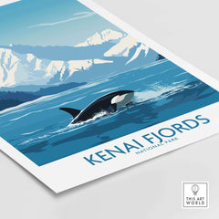 Kenai Fjords National Park print featuring orca in stunning blue landscape, perfect gift for nature lovers.