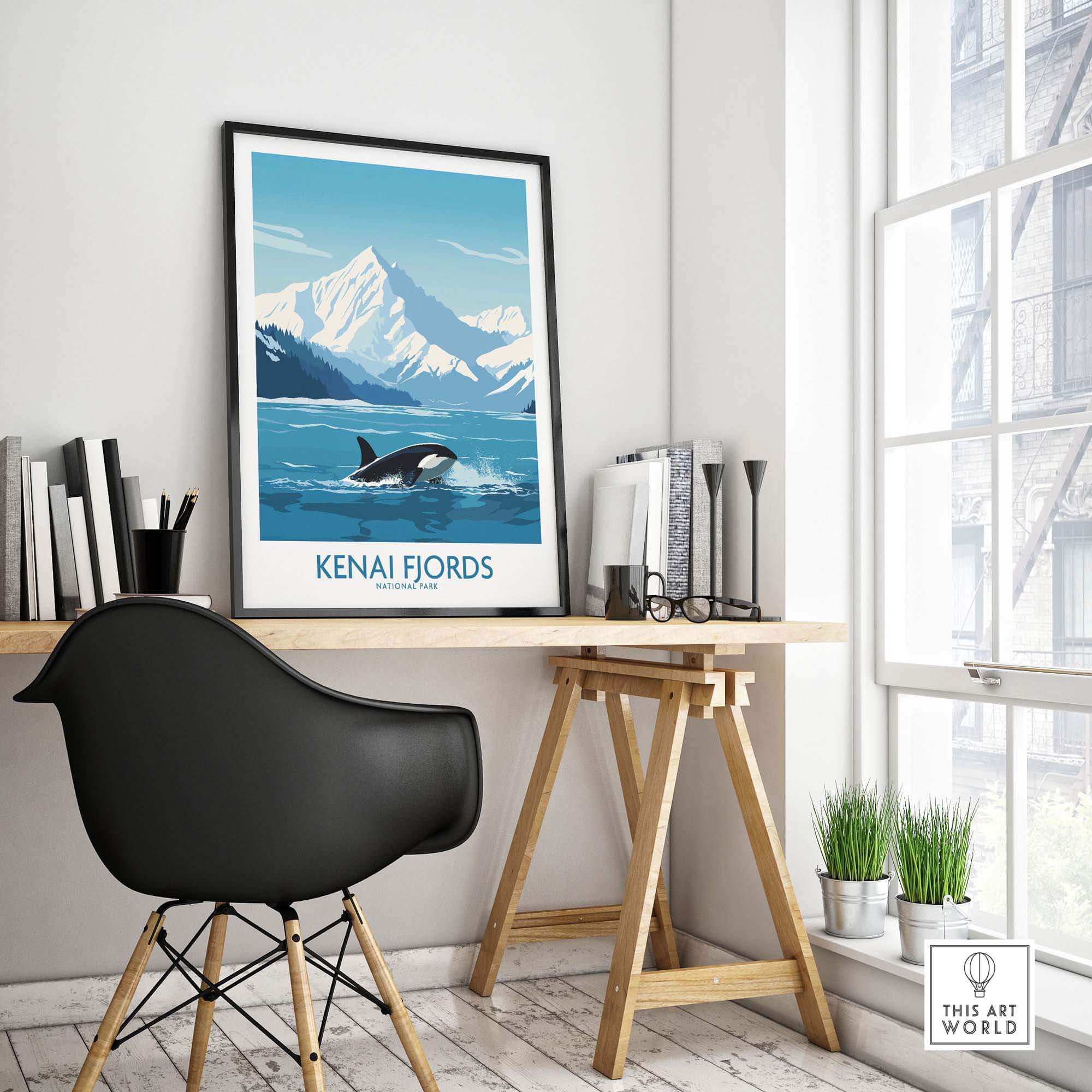 Kenai Fjords Print featuring a majestic orca in a mountain landscape, displayed in a modern home office setting.