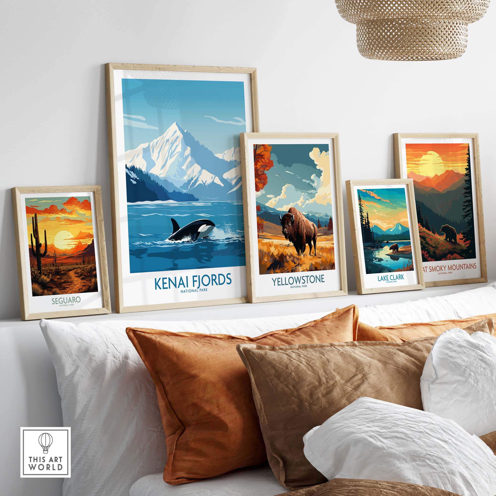 Framed Kenai Fjords print among other National Park art, showcasing Alaska's natural beauty and adventure.