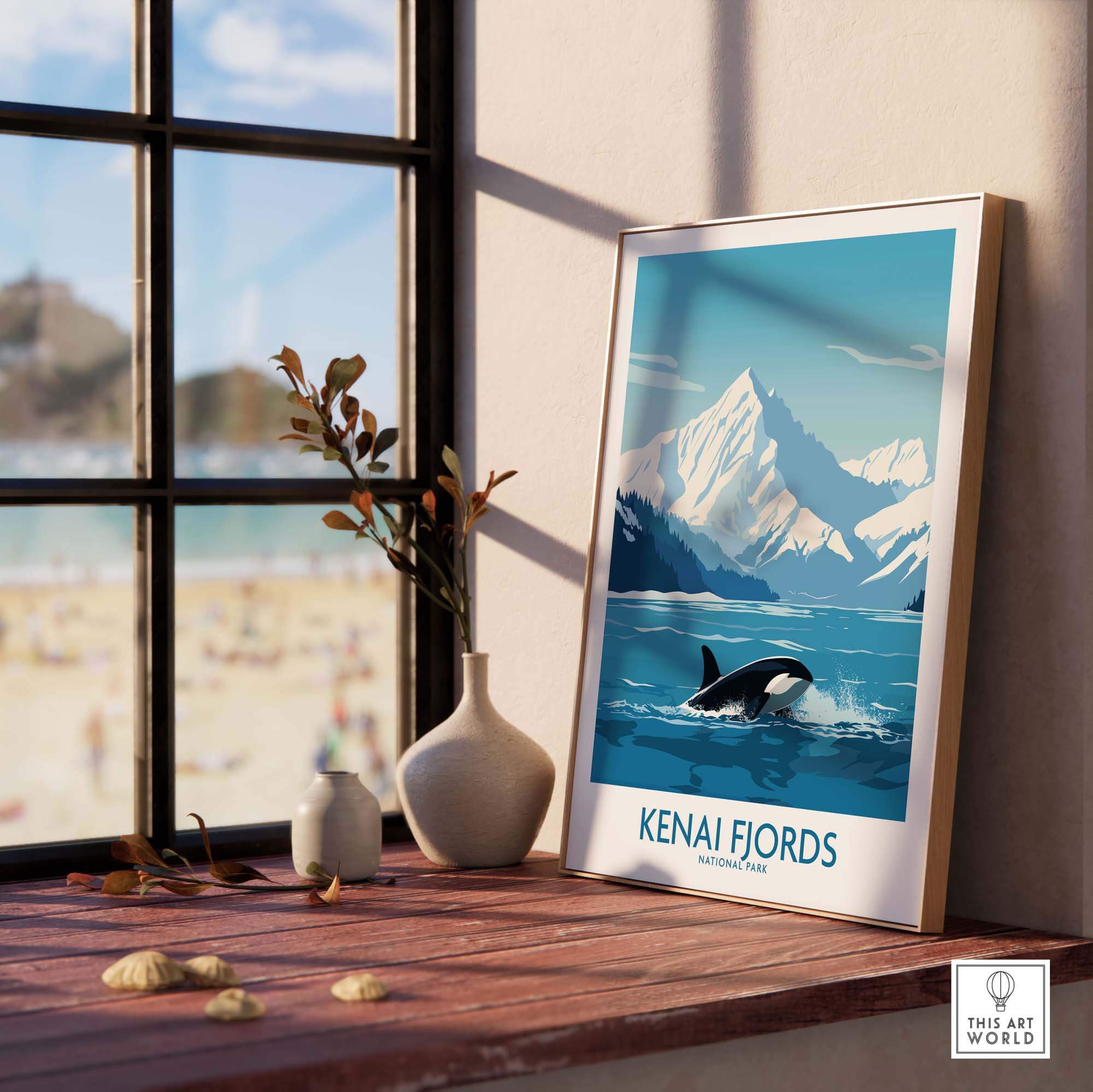 Kenai Fjords National Park print displayed on a windowsill, showcasing Alaska's stunning mountains and wildlife.