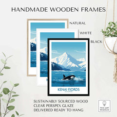 Handmade wooden frames for Kenai Fjords Print in natural, white, and black finishes, showcasing Alaska's stunning scenery.