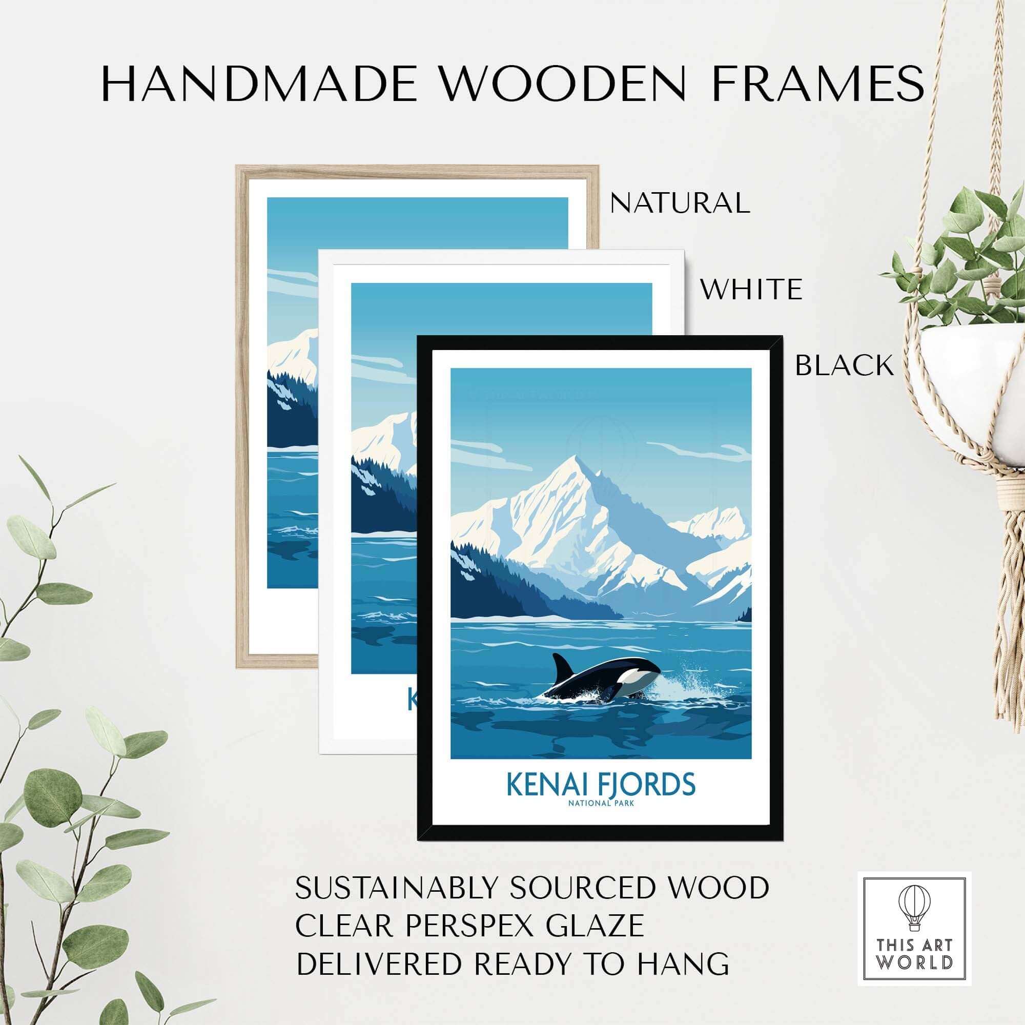 Handmade wooden frames for Kenai Fjords Print in natural, white, and black finishes, showcasing Alaska's stunning scenery.