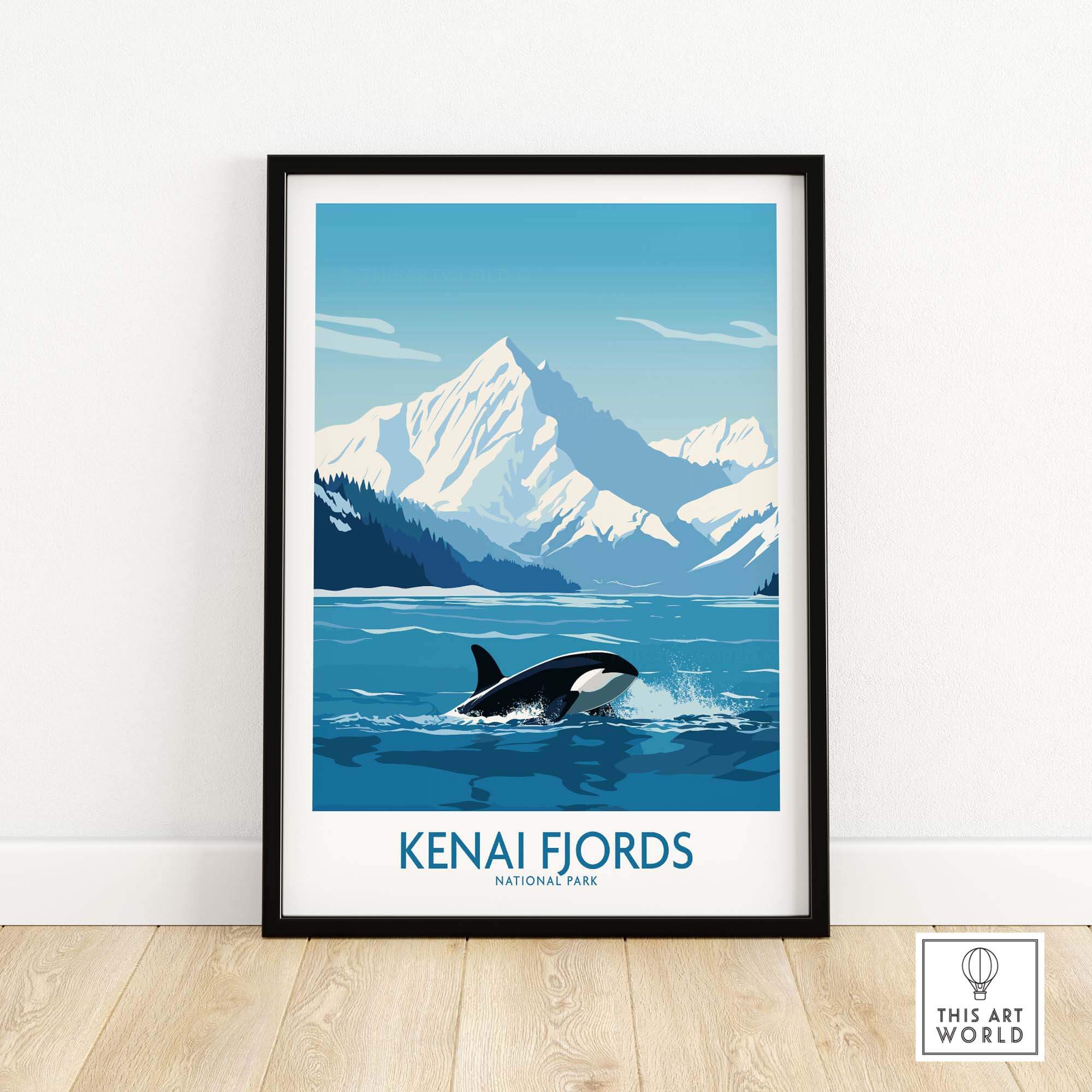 Kenai Fjords Print featuring a whale breaching in front of snow-capped mountains, showcasing Alaska's natural beauty.
