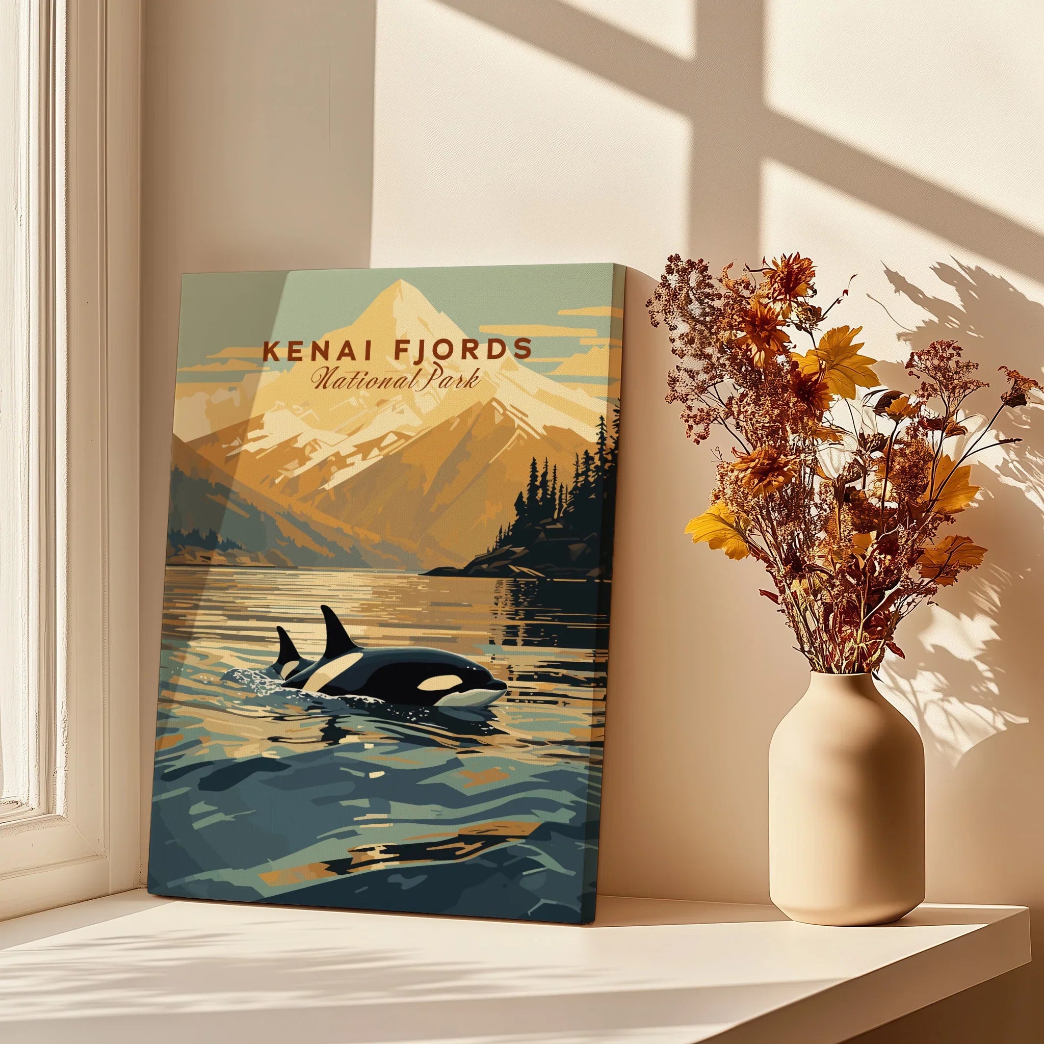 Kenai Fjords National Park travel poster with orca and mountains, styled on a sunny windowsill